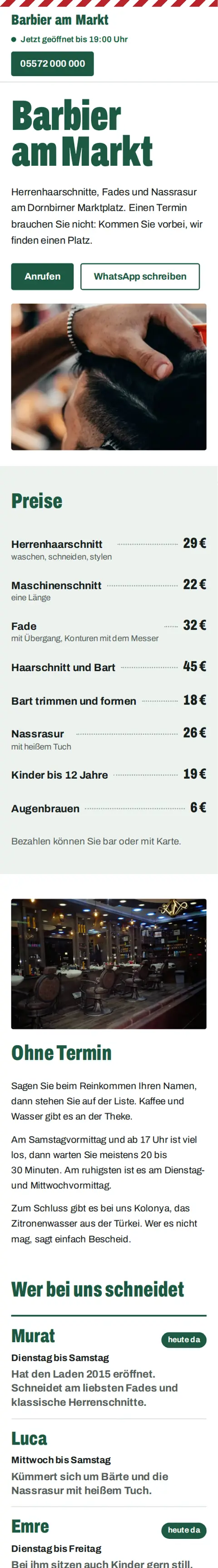 Startseite der Beispielseite Barbier am Markt am Handy: Name, „Jetzt geöffnet bis 19:00 Uhr“, Telefonnummer, Knöpfe zum Anrufen und für WhatsApp